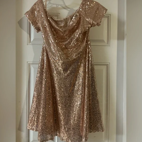 Dresses | Elegant Rose Gold Off The Shoulder Short Sleeve Sequin Skater  Dress With Zipper | Poshmark